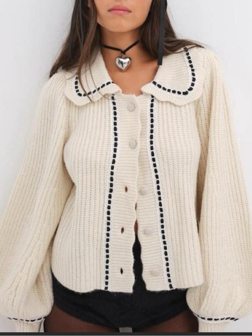 FOR LOVE OF LEMONS Cream Button-Front Knit Sweater with Contrast Trim